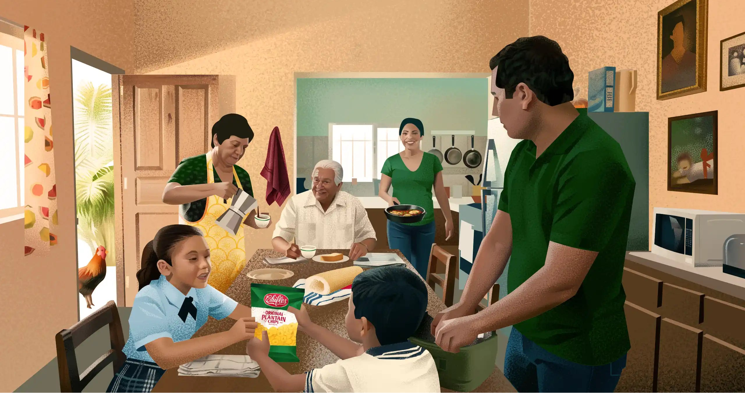 A family gathered around the kitchen table sharing a bag of Chifles plantain chips