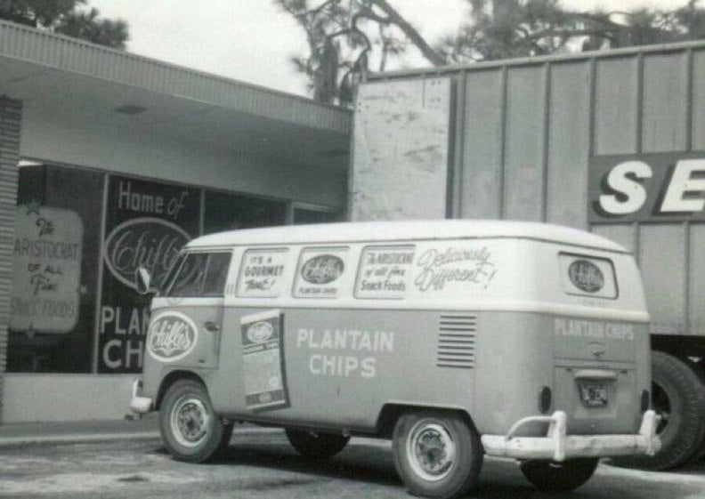 Vintage Chifles delivery van parked outside the Home of Chifles storefront